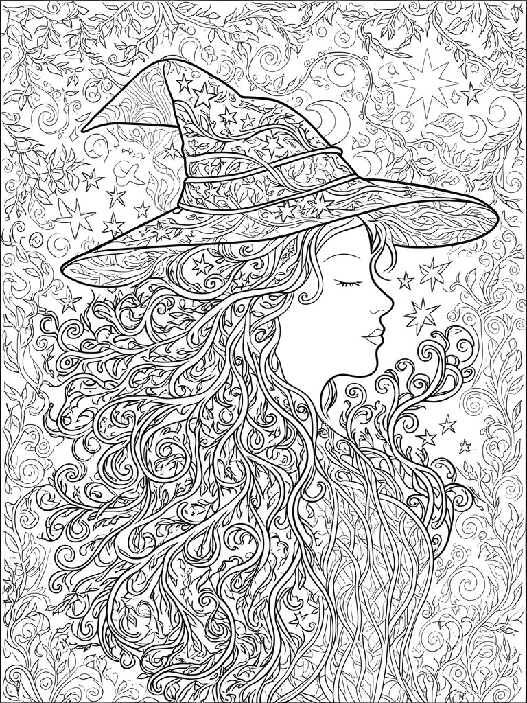Intricate black-and-white line art of a witch with starry hat and flowing hair.