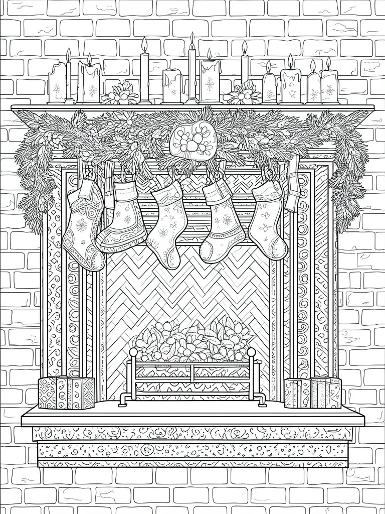 A black and white line drawing of a decorated Christmas fireplace with five stockings on a garland, candles on the mantel, and a brick background.