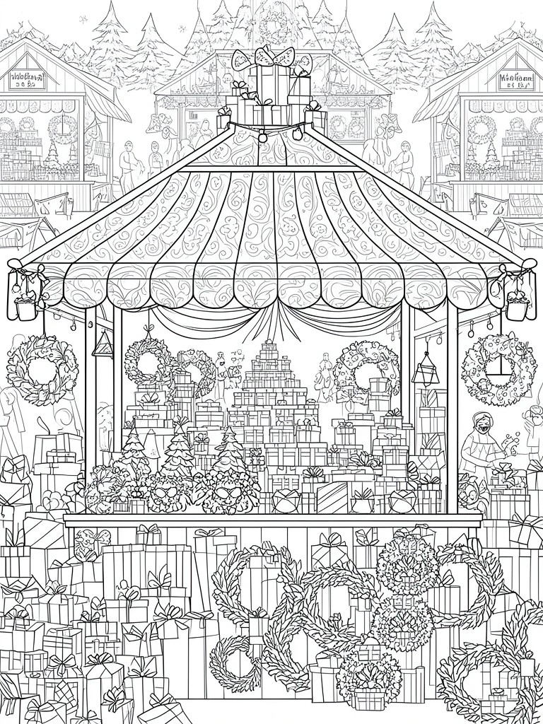 Detailed black-and-white line drawing of Christmas market with stacked gifts, wreaths, and stalls.
