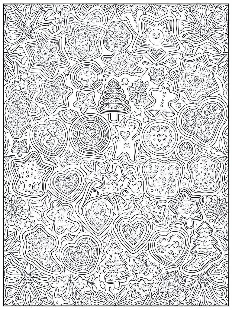 Intricate black-and-white coloring page with Christmas trees, hearts, stars, and gingerbread men.