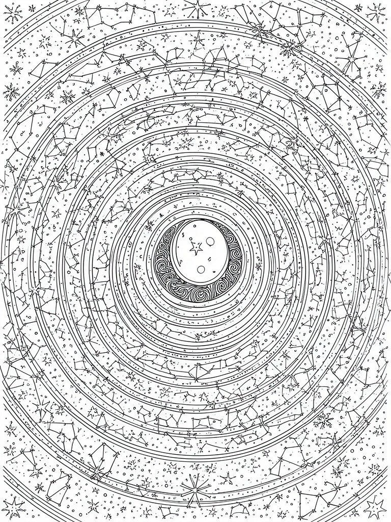 A black and white line drawing of a circular mandala featuring stars, constellations, and a central moon design in concentric rings.