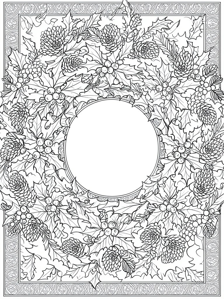 A black and white line drawing of a Christmas wreath with holly leaves, berries, pinecones, and flowers in a circular arrangement around an empty center and framed by a decorative border.