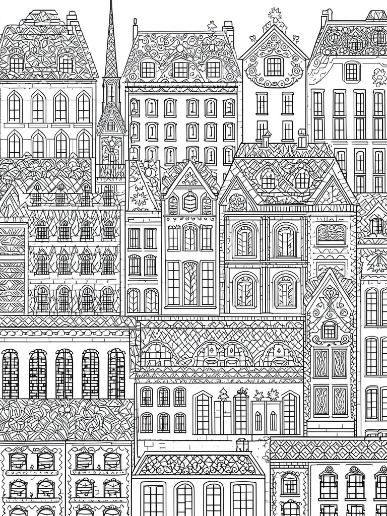 Intricate black-and-white line drawing of ornate multi-story buildings with patterned facades and windows