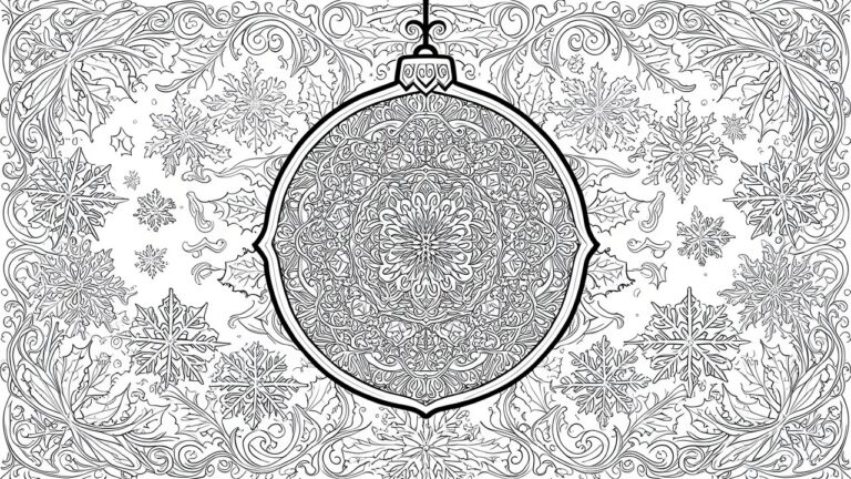 Intricate mandala Christmas ornament surrounded by holly leaves and snowflakes.