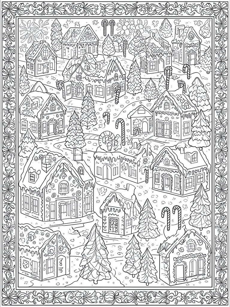 Coloring page of snowy gingerbread village with candy canes, trees, and festive decorations.