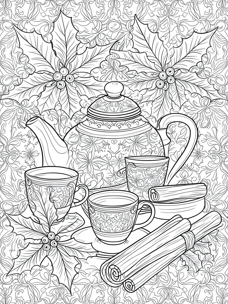 Detailed coloring page of floral teapot, teacups, cinnamon sticks and poinsettias