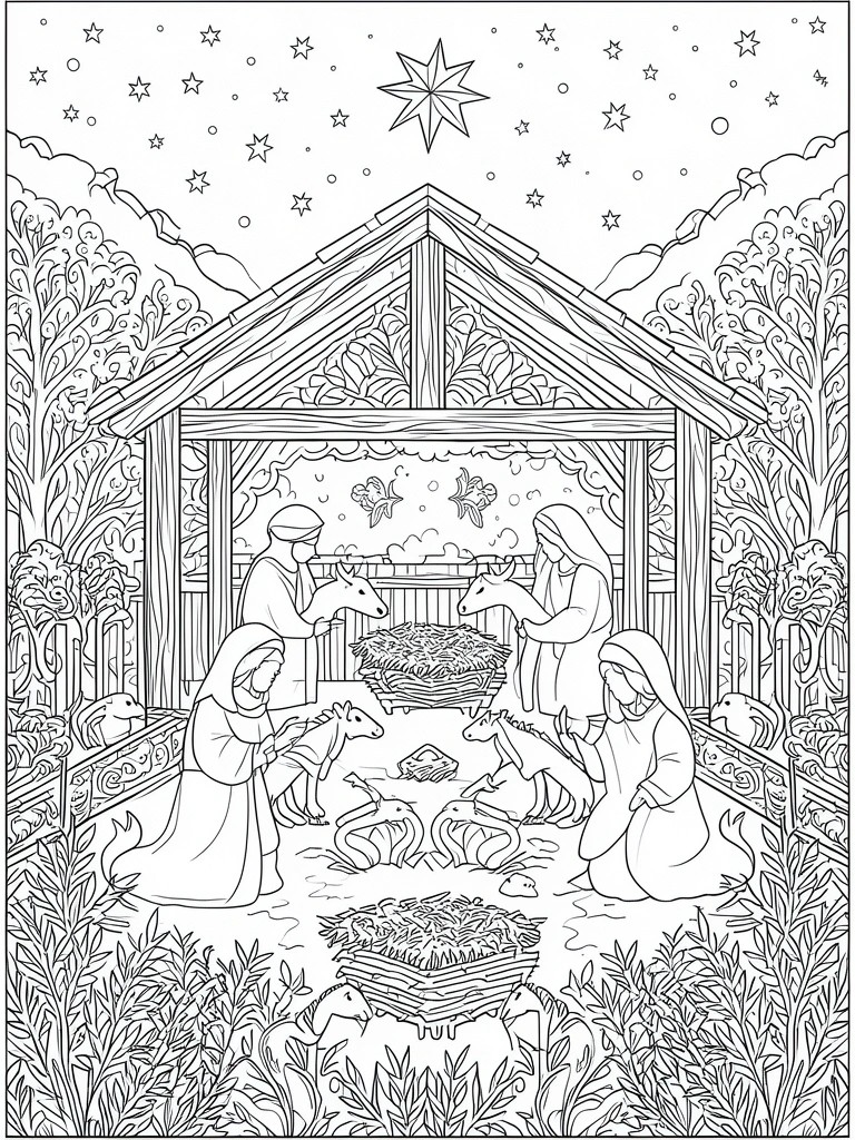 Line art nativity scene with robed figures, manger, animals, and starlit stable.