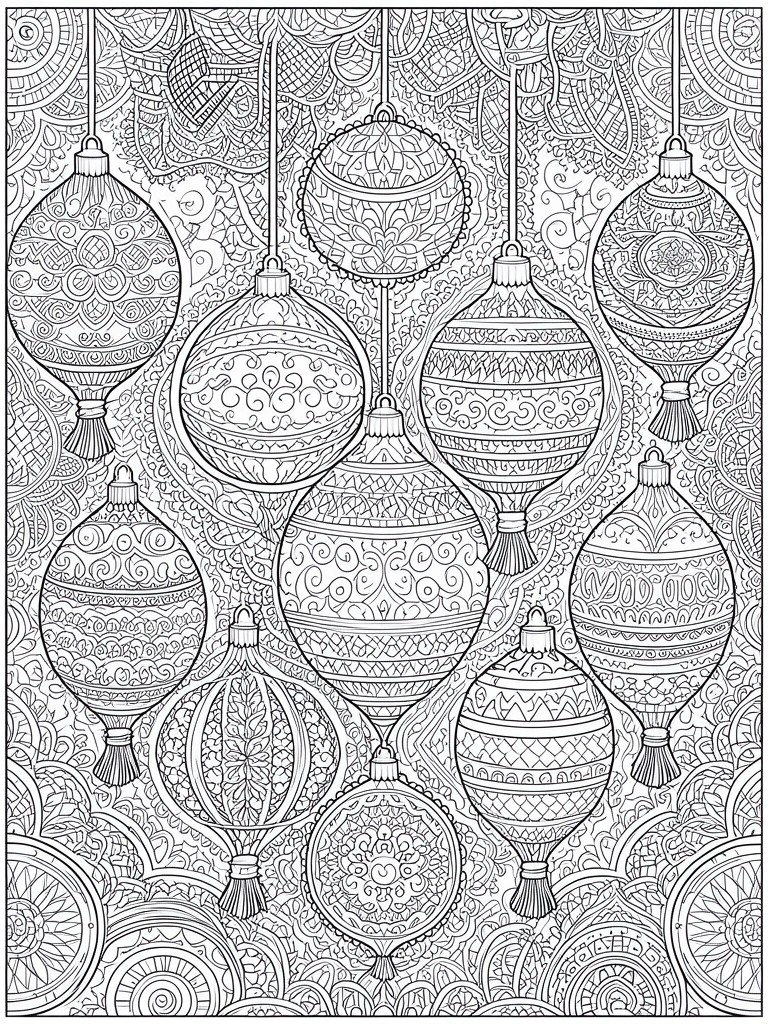 Intricate black-and-white line art of ornate hanging Christmas ornaments with patterns.