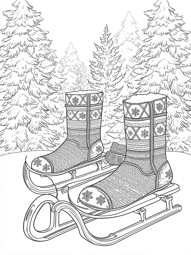 Two patterned boots on a sled amid snow-covered pine trees in line art