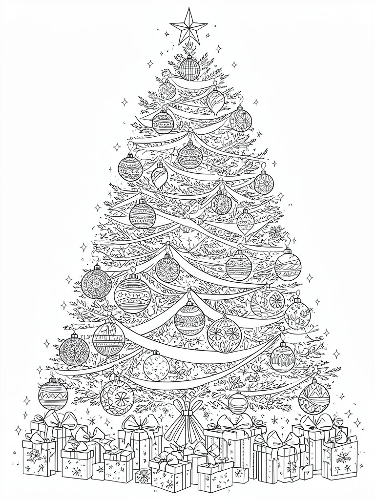 Line drawing of a decorated Christmas tree with ornaments, star topper and wrapped gifts below