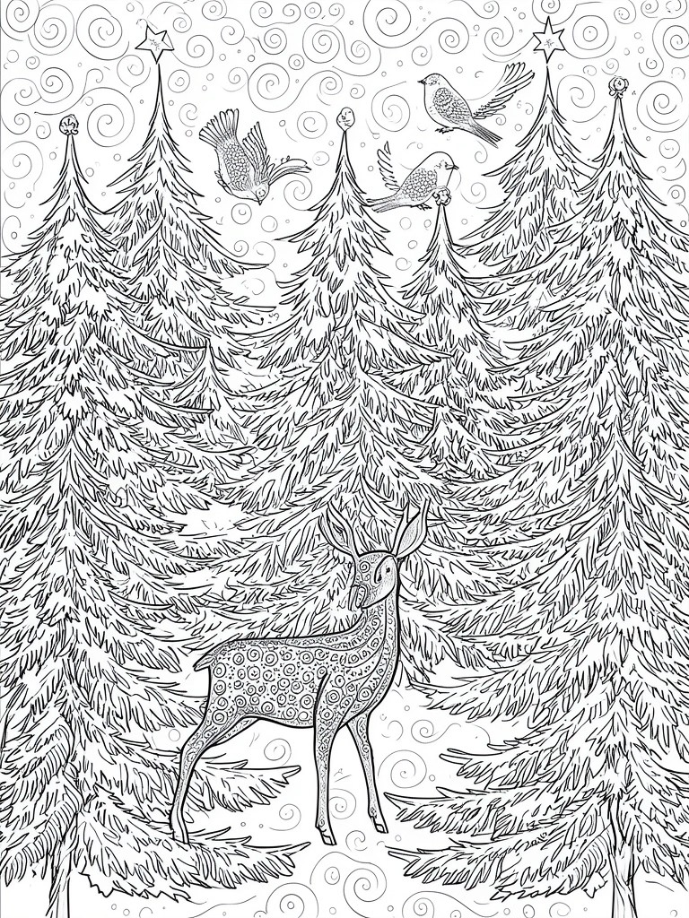 Whimsical line drawing of a patterned deer amid tall pines, birds, and swirling stars.