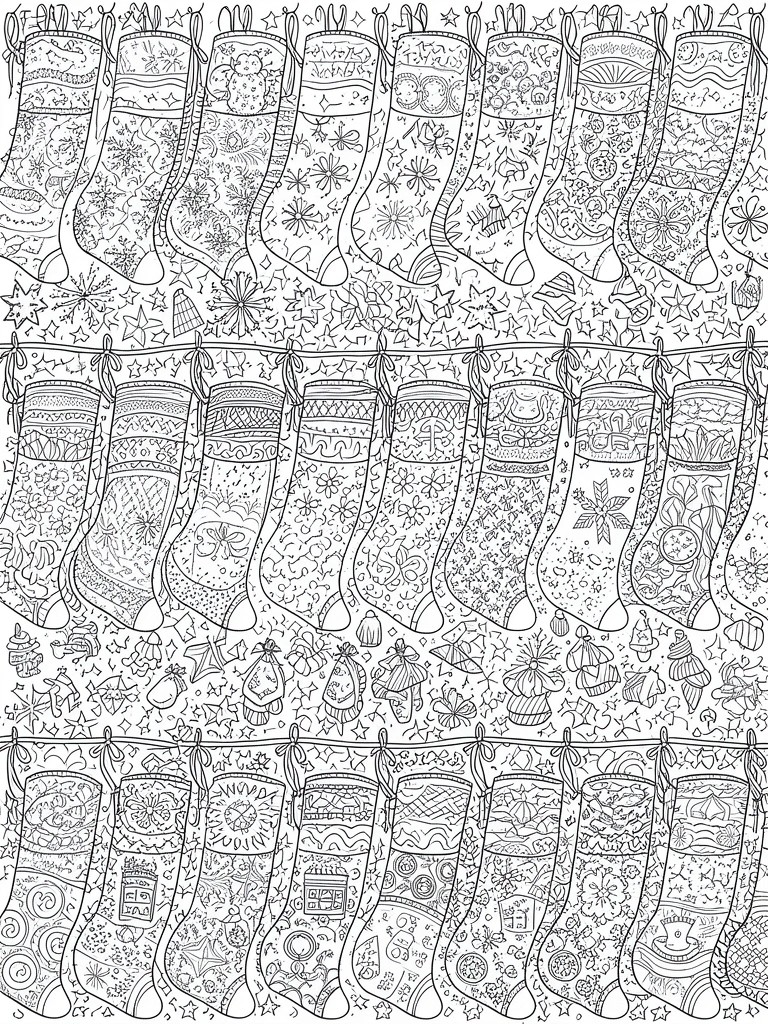 A black and white coloring page with three rows of Christmas stockings covered in patterns hanging from strings with bows and small festive shapes in the background.