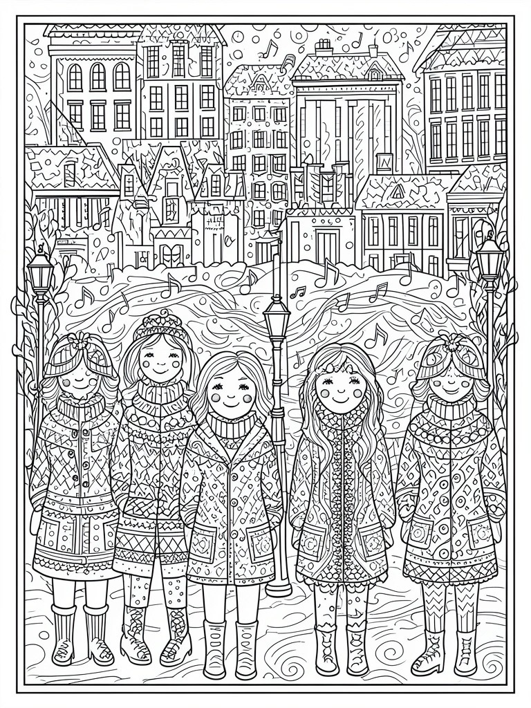 Five girls in patterned winter coats stand together in front of snow covered buildings with musical notes floating around them.