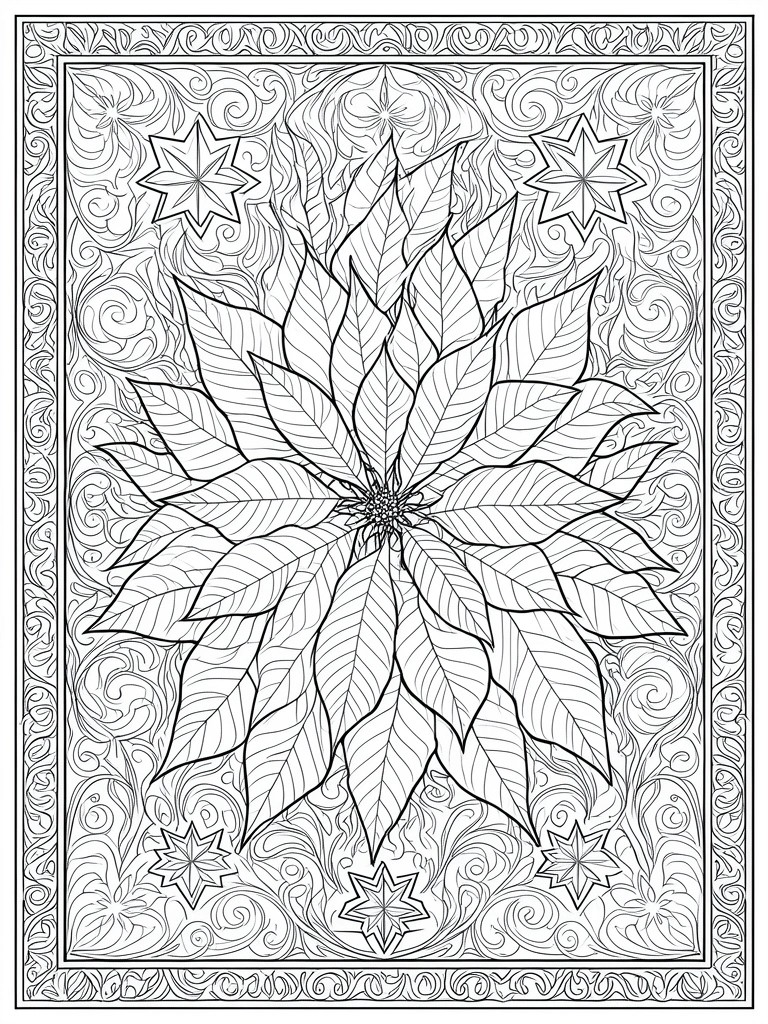 A black and white line drawing of a large poinsettia flower with pointed leaves, surrounded by star shapes and swirling patterns inside a decorative border.