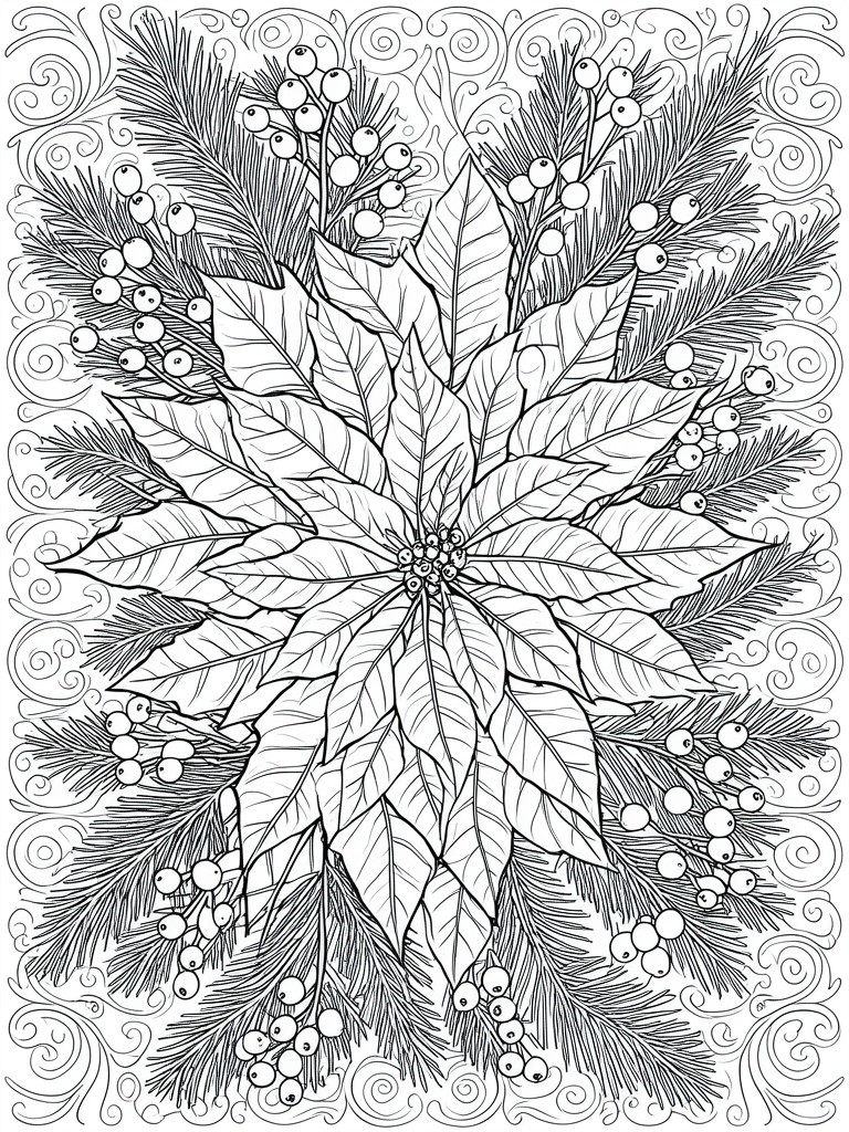 Intricate black and white line drawing of poinsettia with pine branches and berries.
