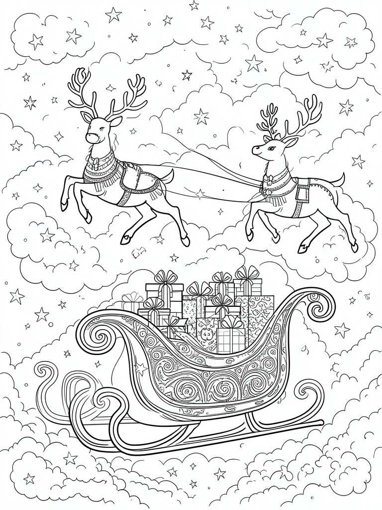 A coloring page shows two reindeer pulling an ornate sleigh filled with gift boxes against a starry night sky with clouds.
