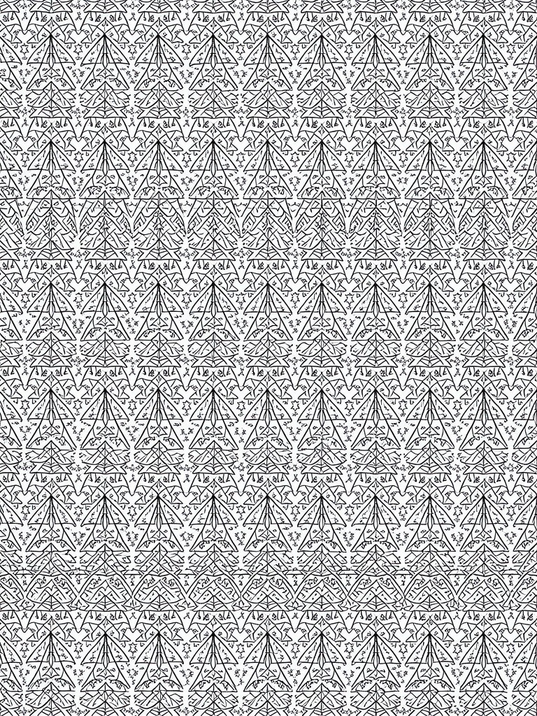 Seamless black and white repeating pattern of stylized Christmas trees with stars