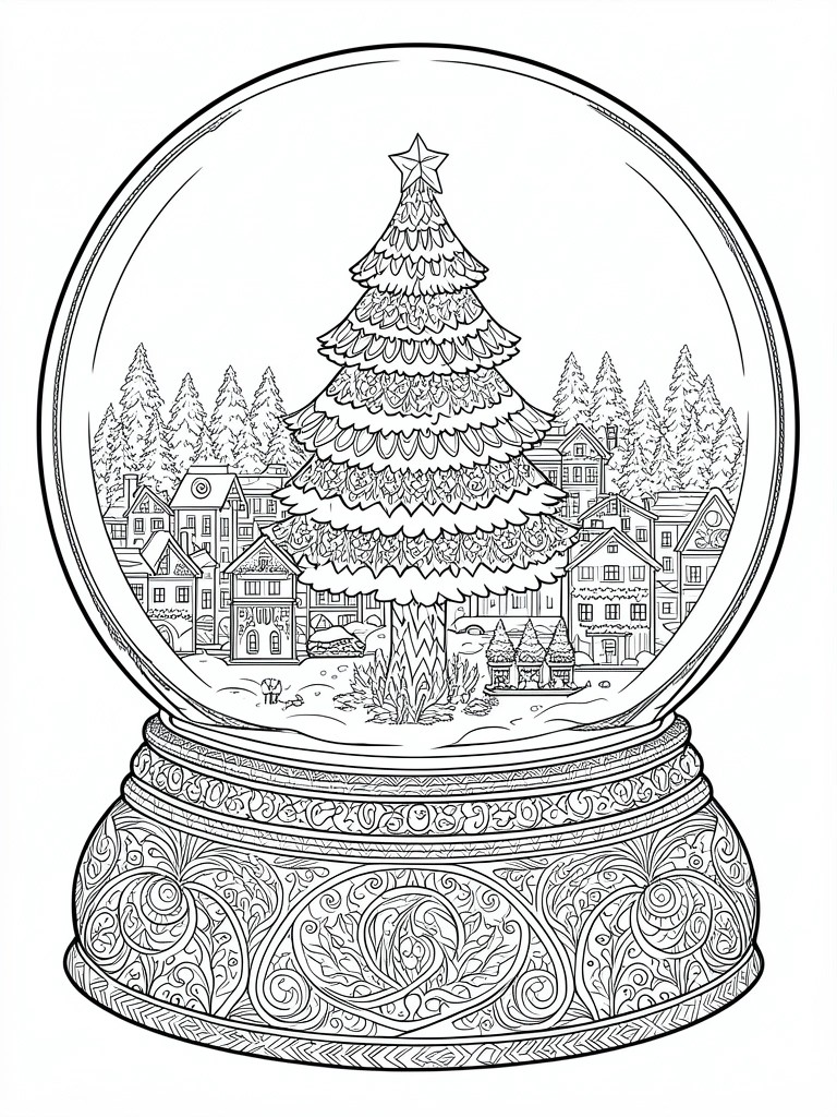 Detailed line art of ornate snow globe with Christmas tree and village scene