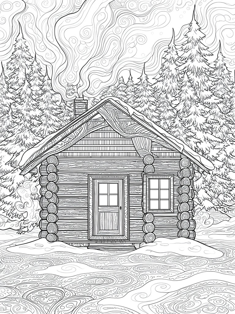 Line drawing of log cabin in snowy pine forest with swirling sky patterns.