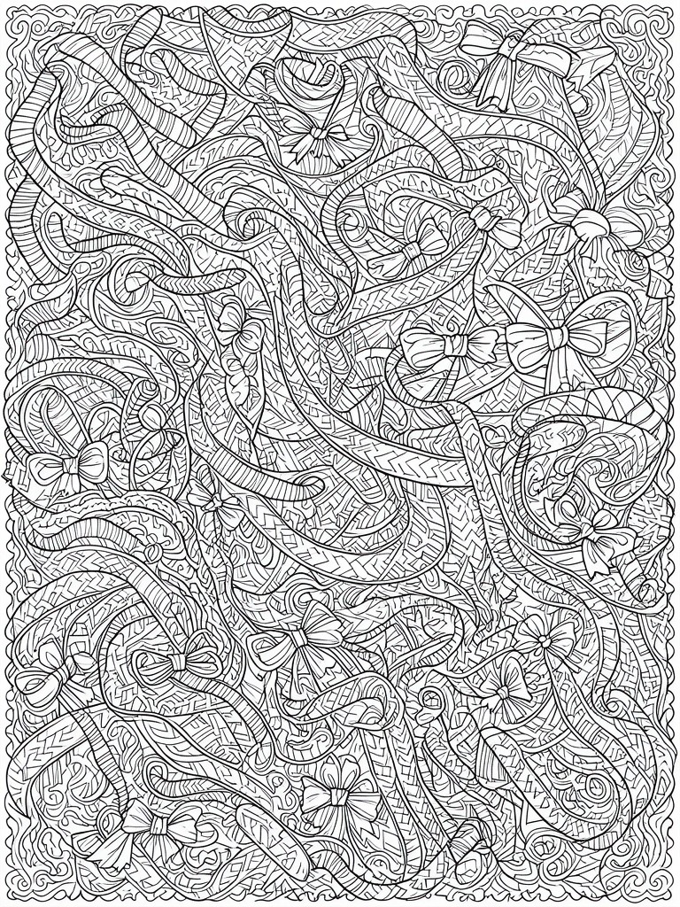 Intricate black and white pattern of tangled decorative ribbons and bows with patterns