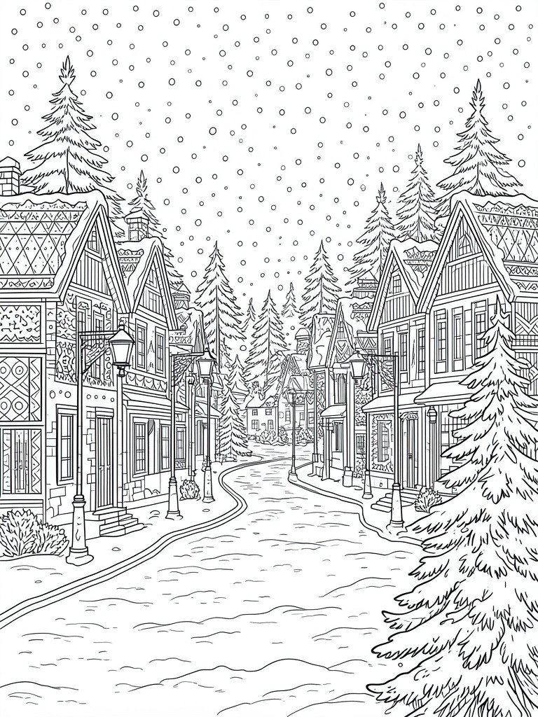 Detailed line art of snowy village street with timber houses, pines and falling snowflakes.