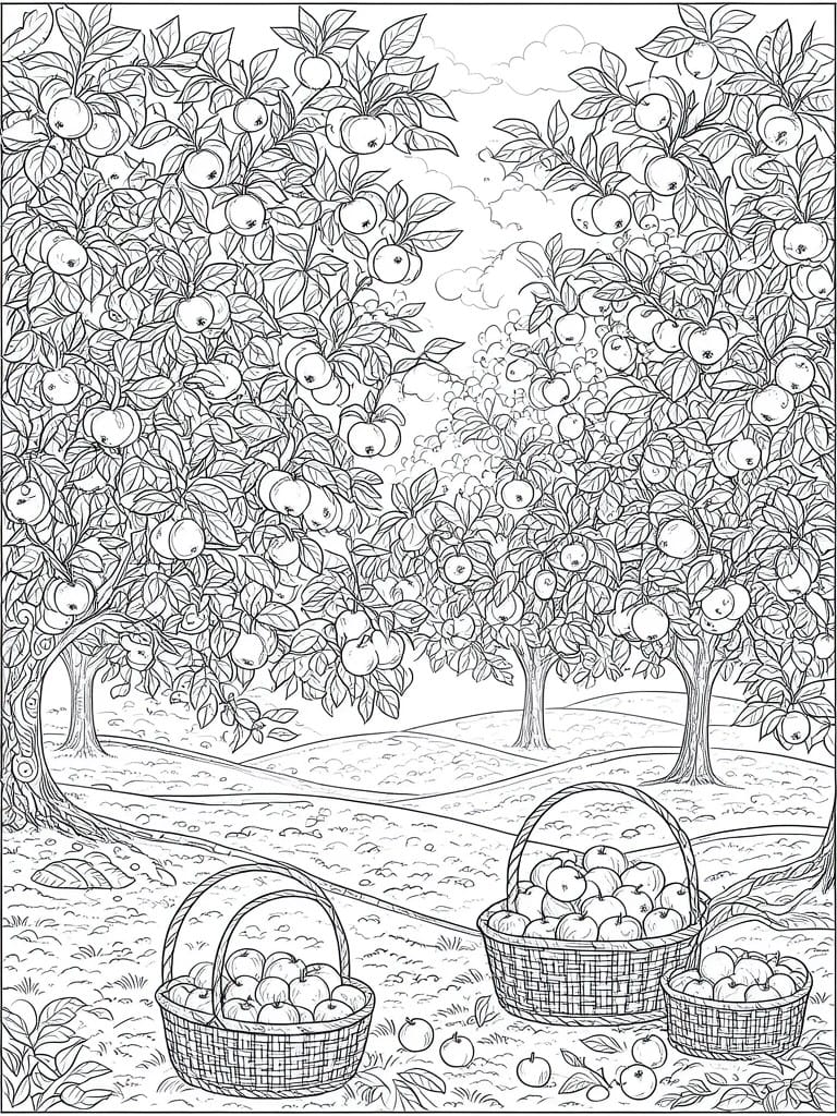 Line art of apple orchard with laden trees and woven baskets full of fruit.