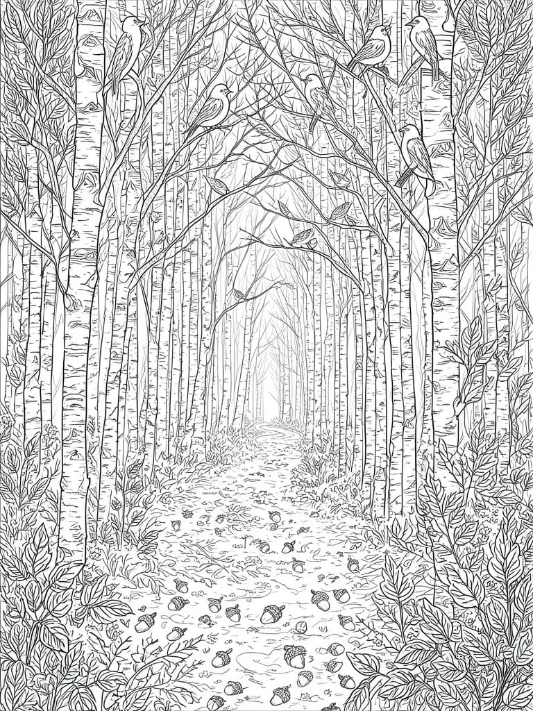 Black and white line art of birch forest path with birds and scattered acorns