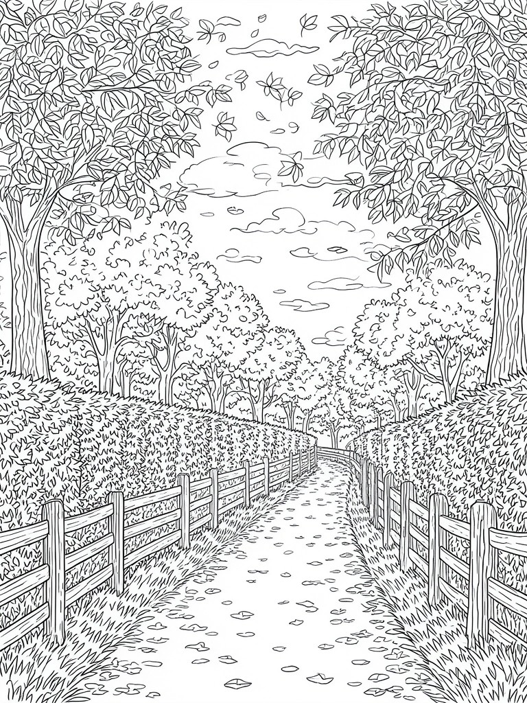 Line drawing of winding path between fences, trees, and falling leaves.