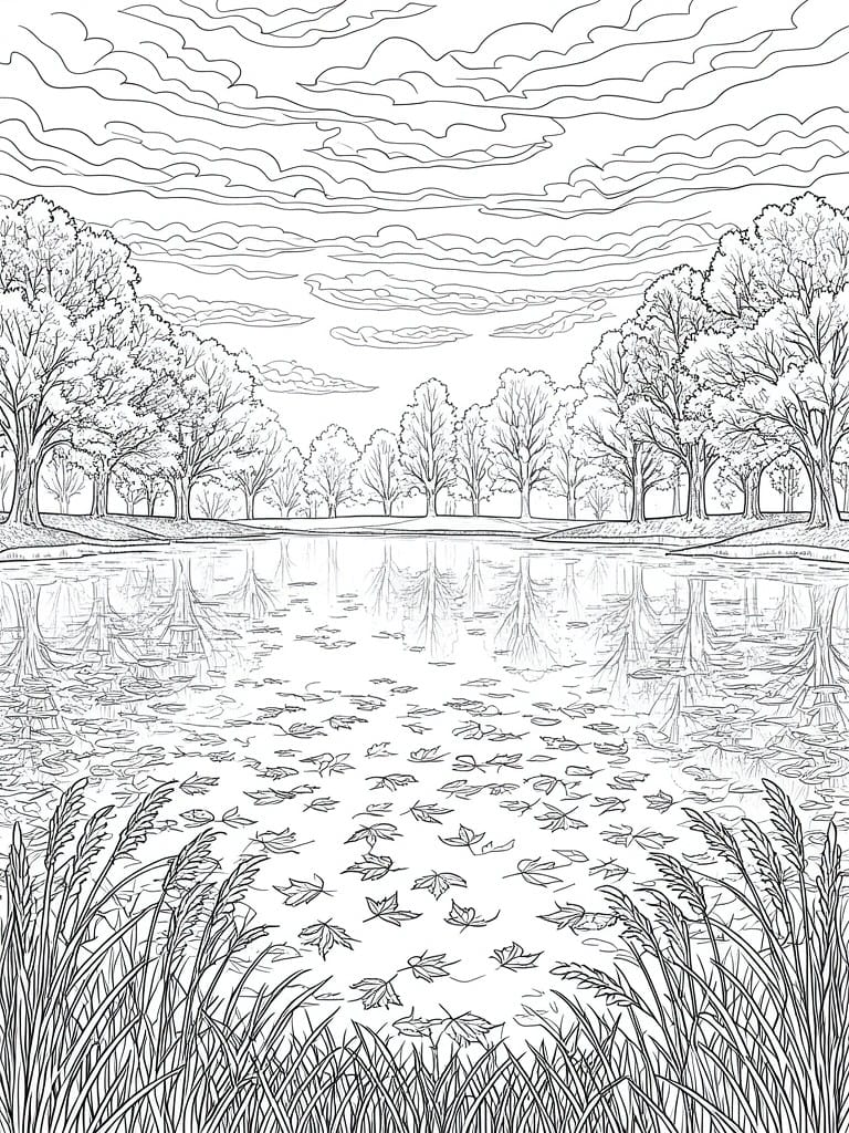 Black-and-white line art of a calm lake with tree reflections and floating leaves
