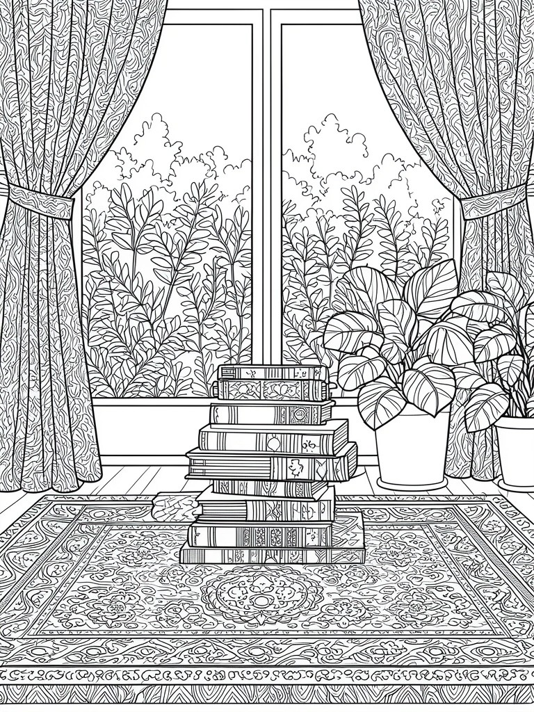 A detailed line drawing shows a stack of books on a patterned rug in front of a window with curtains and potted plants.