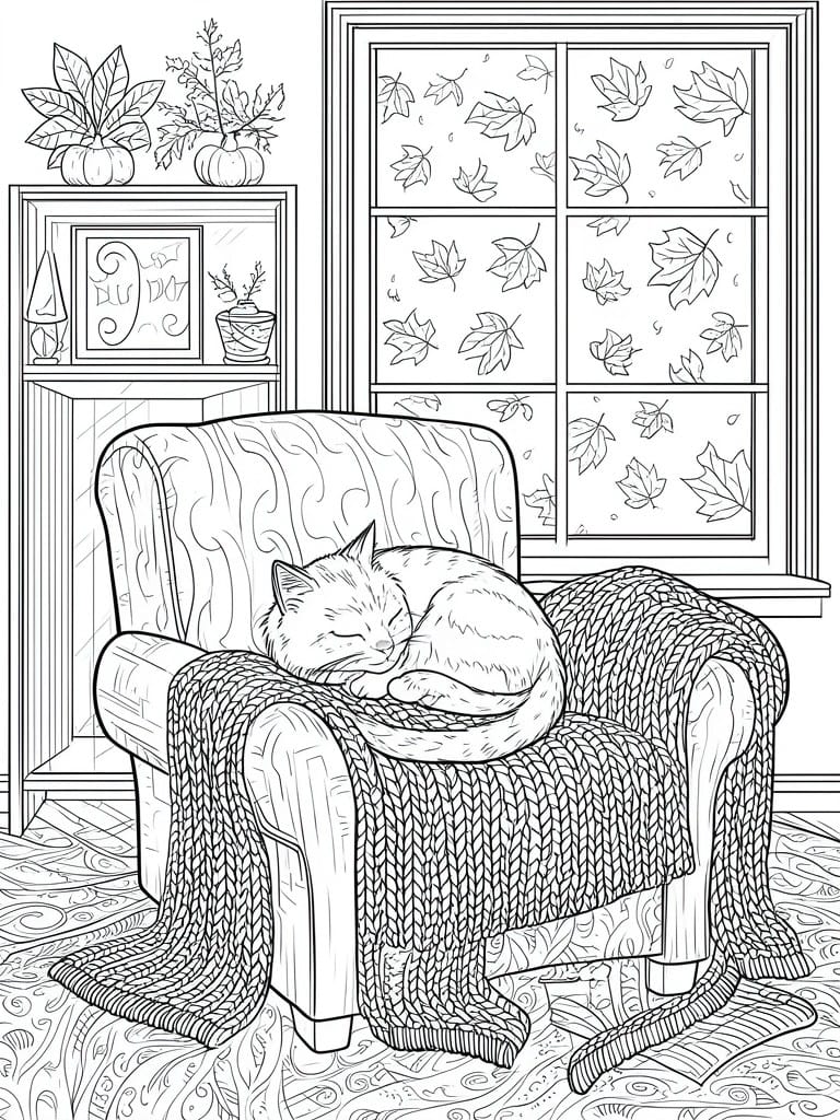 Sleeping cat on knitted blanket over armchair by window with falling leaves