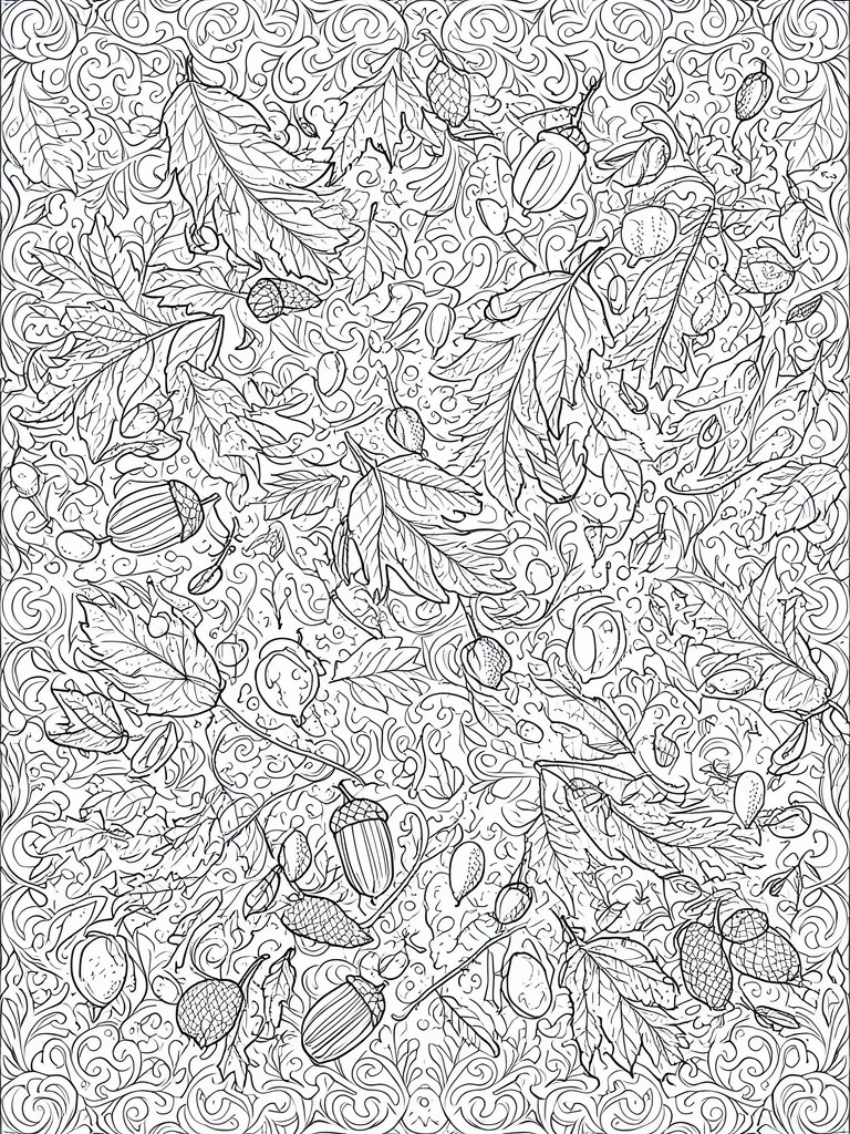 A black and white coloring page filled with detailed drawings of autumn leaves, acorns, and swirling background patterns.