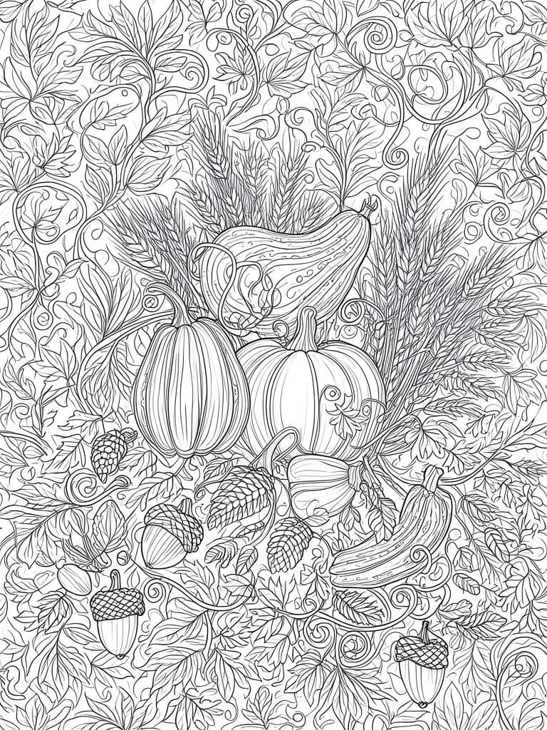 A black and white line drawing of pumpkins, gourds, acorns, wheat, and leafy vines arranged in a dense fall scene.