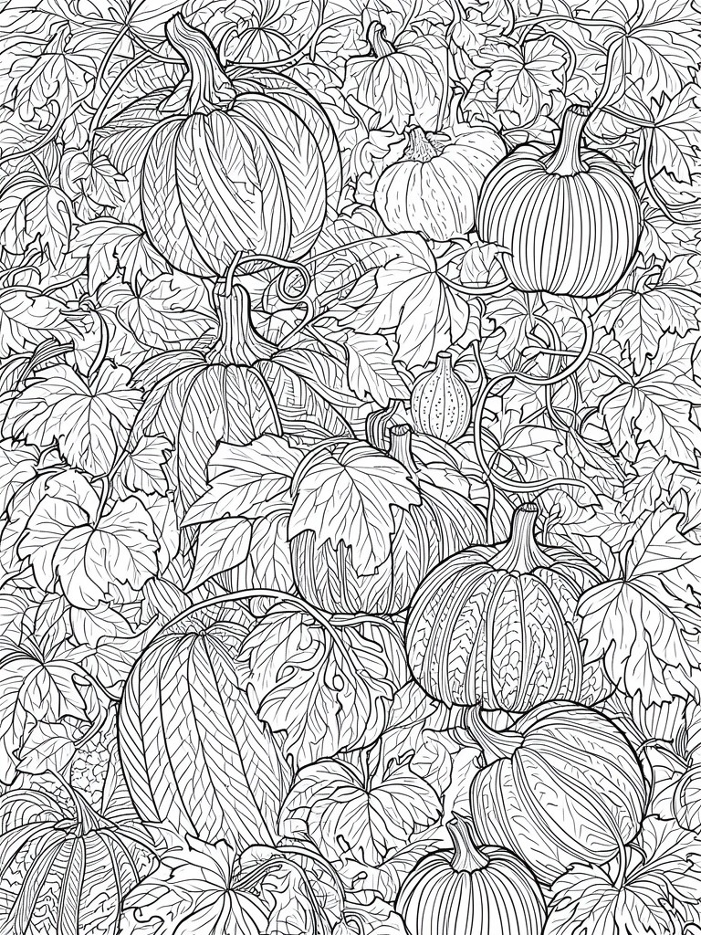 A black and white coloring page filled with many pumpkins, leaves, and vines in a dense overlapping arrangement.