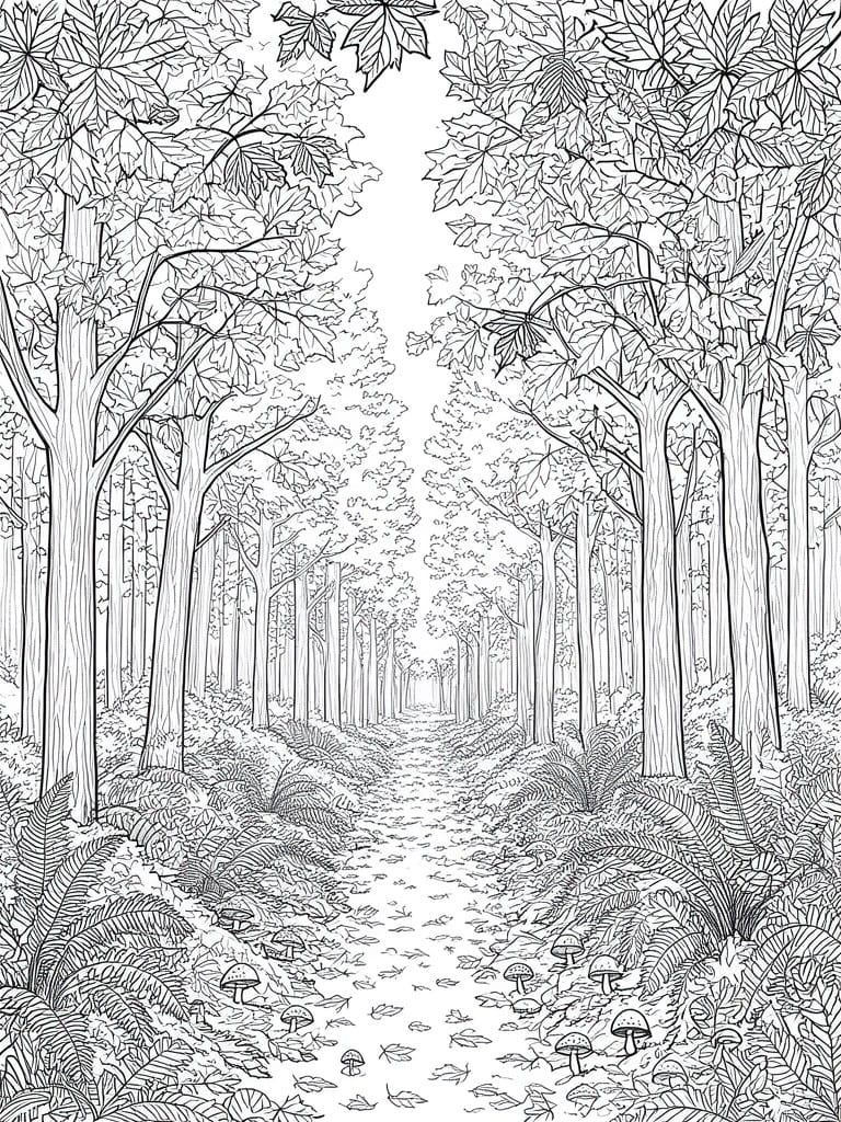 A black and white line drawing of a forest path lined with tall trees, ferns, mushrooms, and scattered leaves.