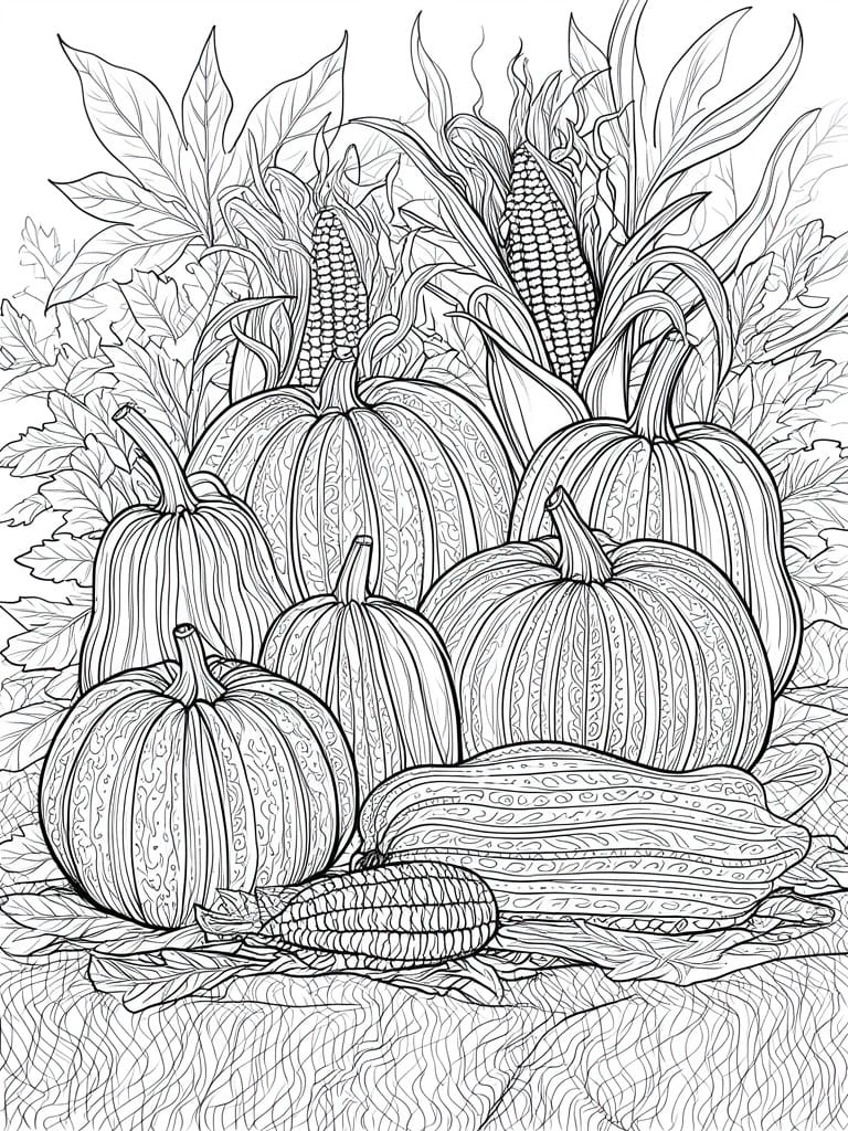 A black and white line drawing of stacked pumpkins, corn cobs, and a squash with surrounding leaves.