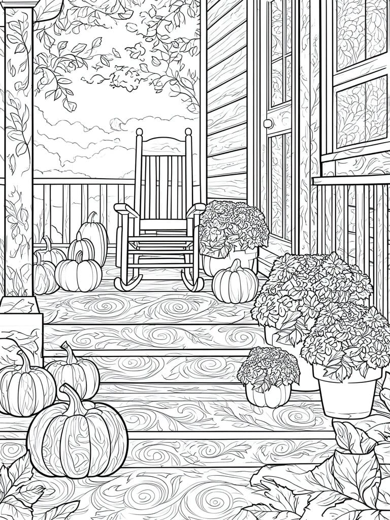 A black and white line drawing of a front porch with a rocking chair, pumpkins on the steps and floor, potted flowers, and a wooden door in the background.