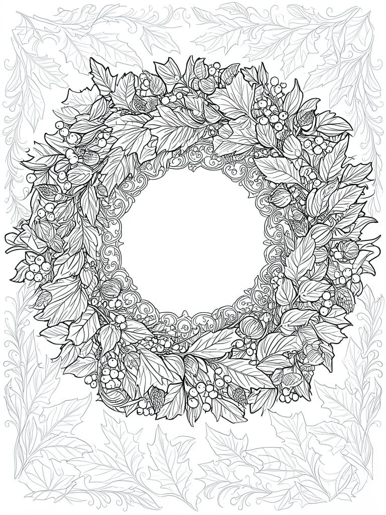 Intricate black-and-white line drawing of a circular wreath with leaves, berries, and acorns.