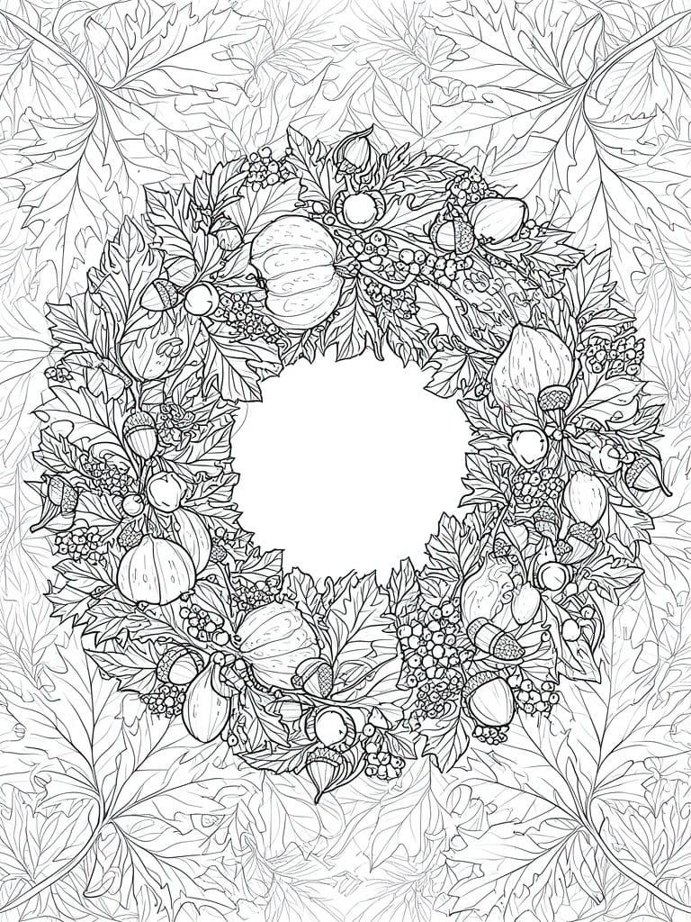 Intricate black-and-white line drawing of autumn wreath with pumpkins, acorns, and leaves