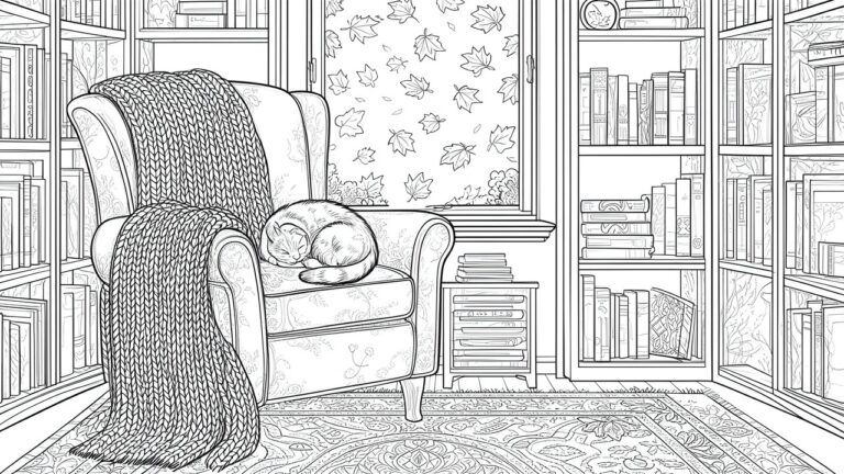 Sleeping cat on knitted blanket over armchair by window with falling leaves