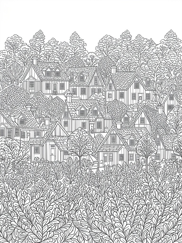 A black and white line drawing of multiple houses with trees and bushes in a dense arrangement.
