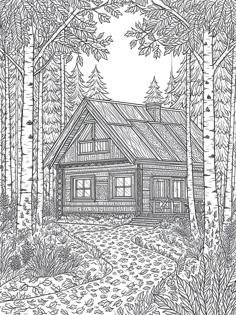 Black and white line art of a log cabin surrounded by trees with a path leading to the door.