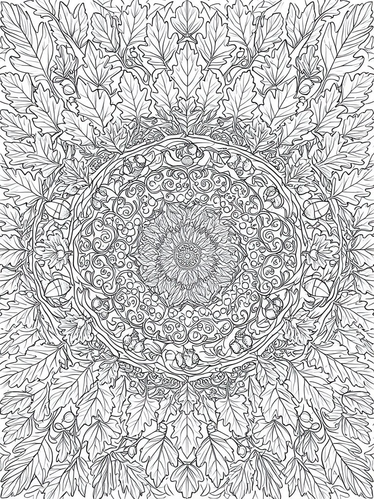A black and white line drawing of a circular mandala featuring oak leaves, acorns, and a central flower surrounded by intricate swirls.