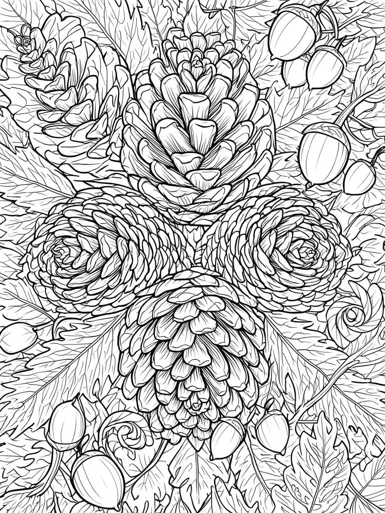 Black and white line art of pinecones, acorns, oak leaves, and floral patterns.