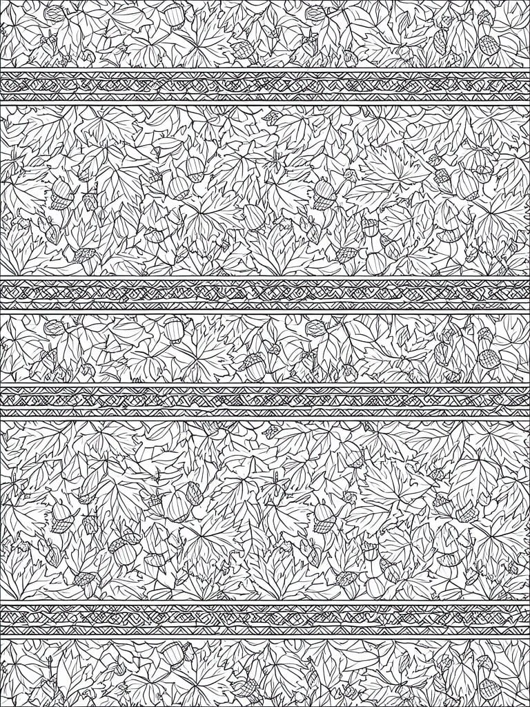 Coloring page featuring three horizontal bands of autumn leaves and acorns divided by ornate geometric borders.