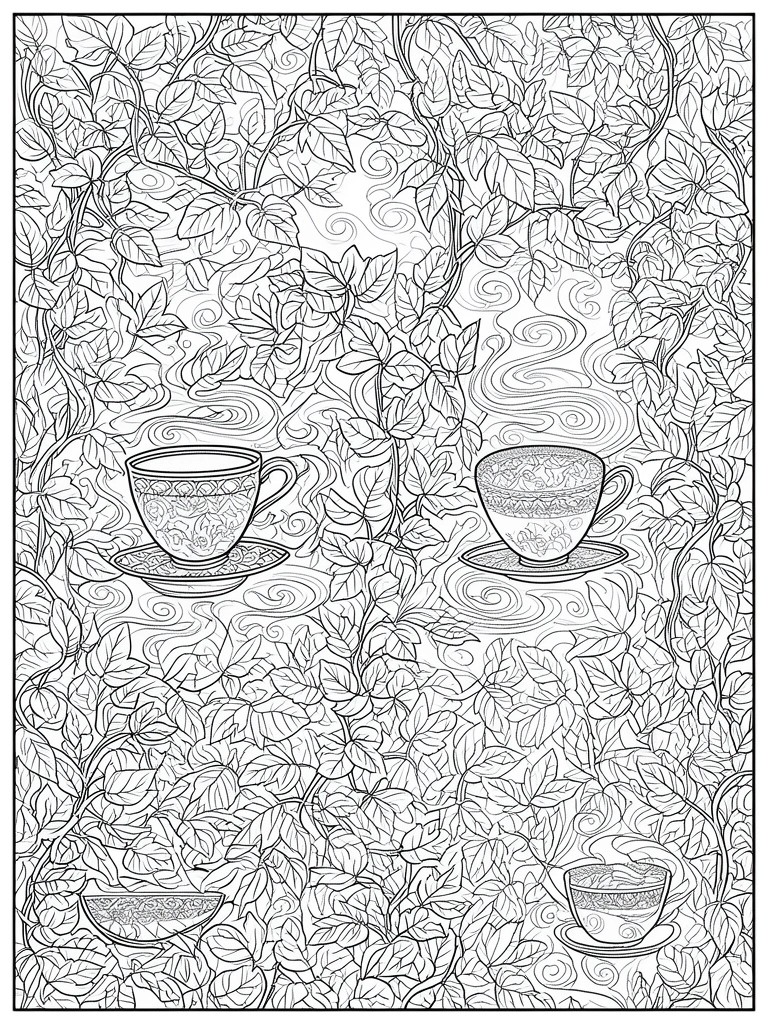 A black and white line drawing of four patterned teacups placed among dense ivy leaves and swirling background lines.