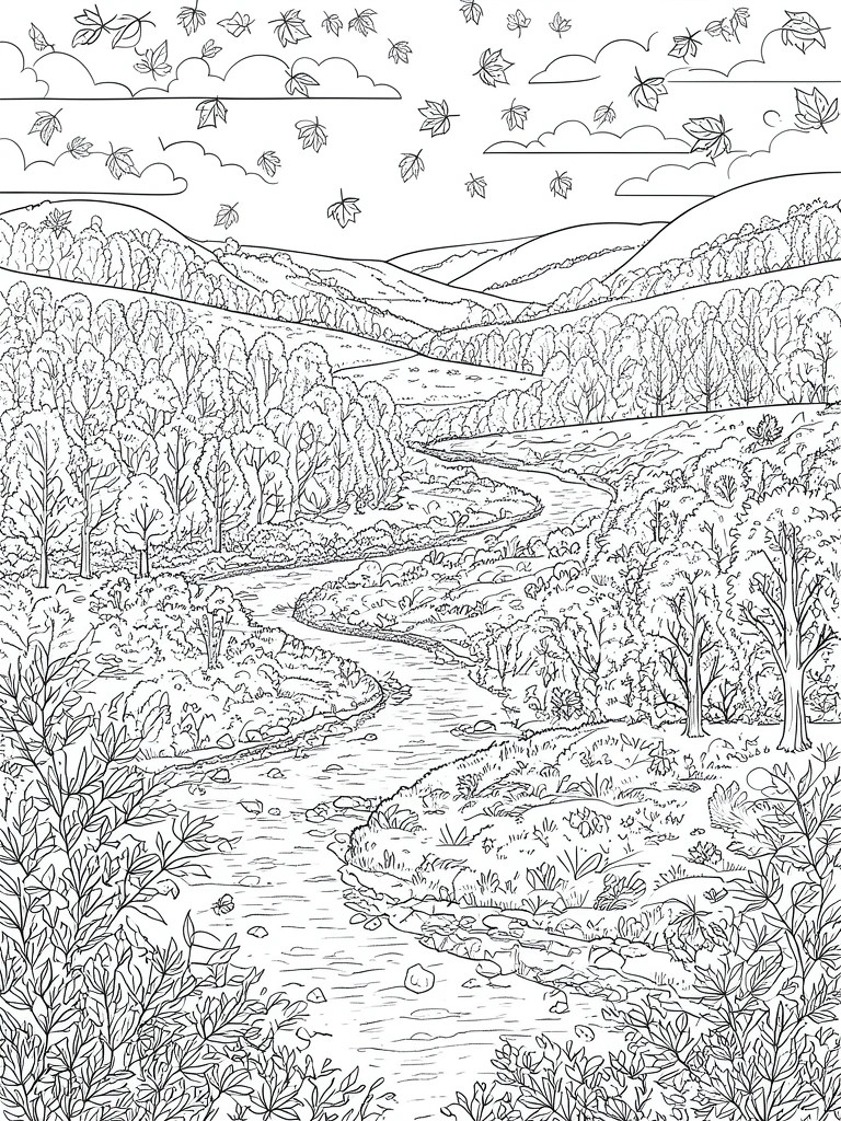 Line drawing of winding river through forested hills with falling leaves.