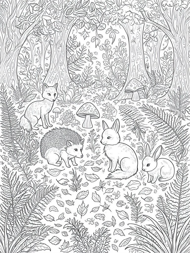 Black-and-white forest scene with fox, hedgehog, rabbit, mushrooms, trees, and ferns.