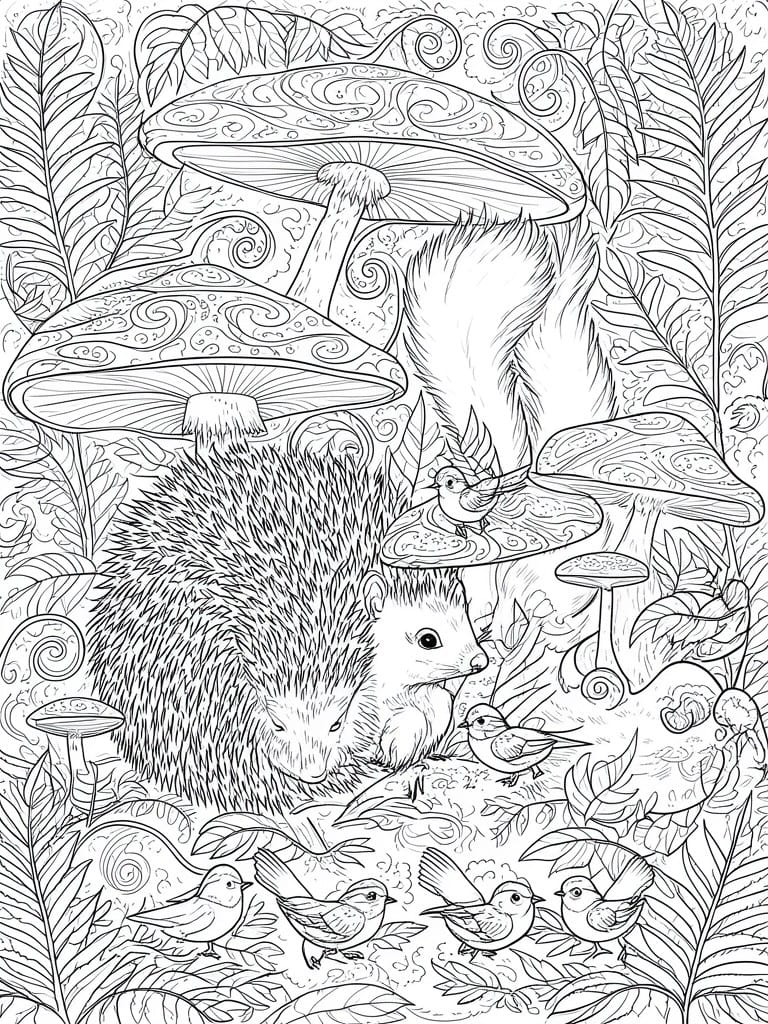Detailed line art of hedgehogs, birds, and swirling mushrooms amid dense leaves.