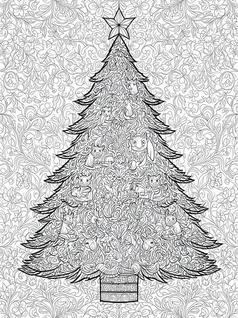 Coloring book page of Christmas tree with woodland animals, star, and gift box.